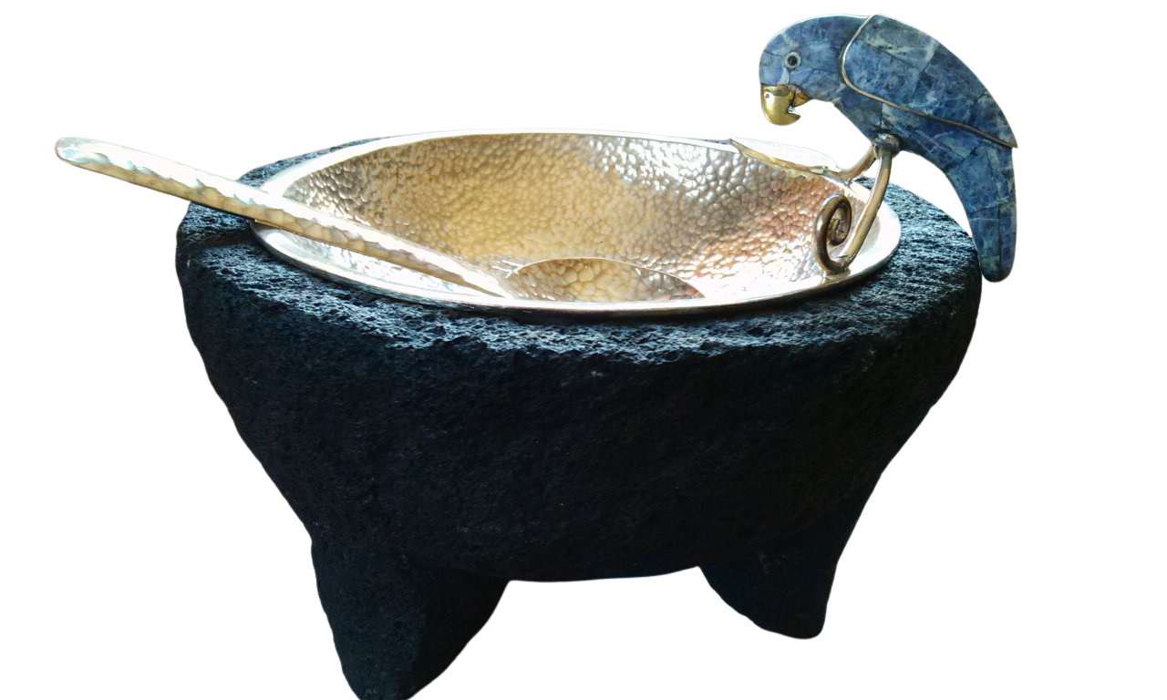 Molcajete de piedra volcanica y Charola plateada con perico lapizlazuly - Imagen 3